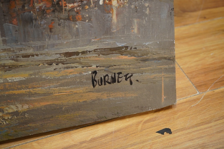 Burnett, Impressionist street scene with figures, signed, oil on canvas, unframed, 61 x 91cm